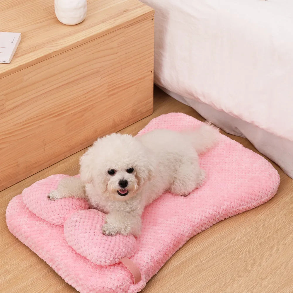 Soft plush pet bed mat with attached pillow in grey, available in sizes S to XL