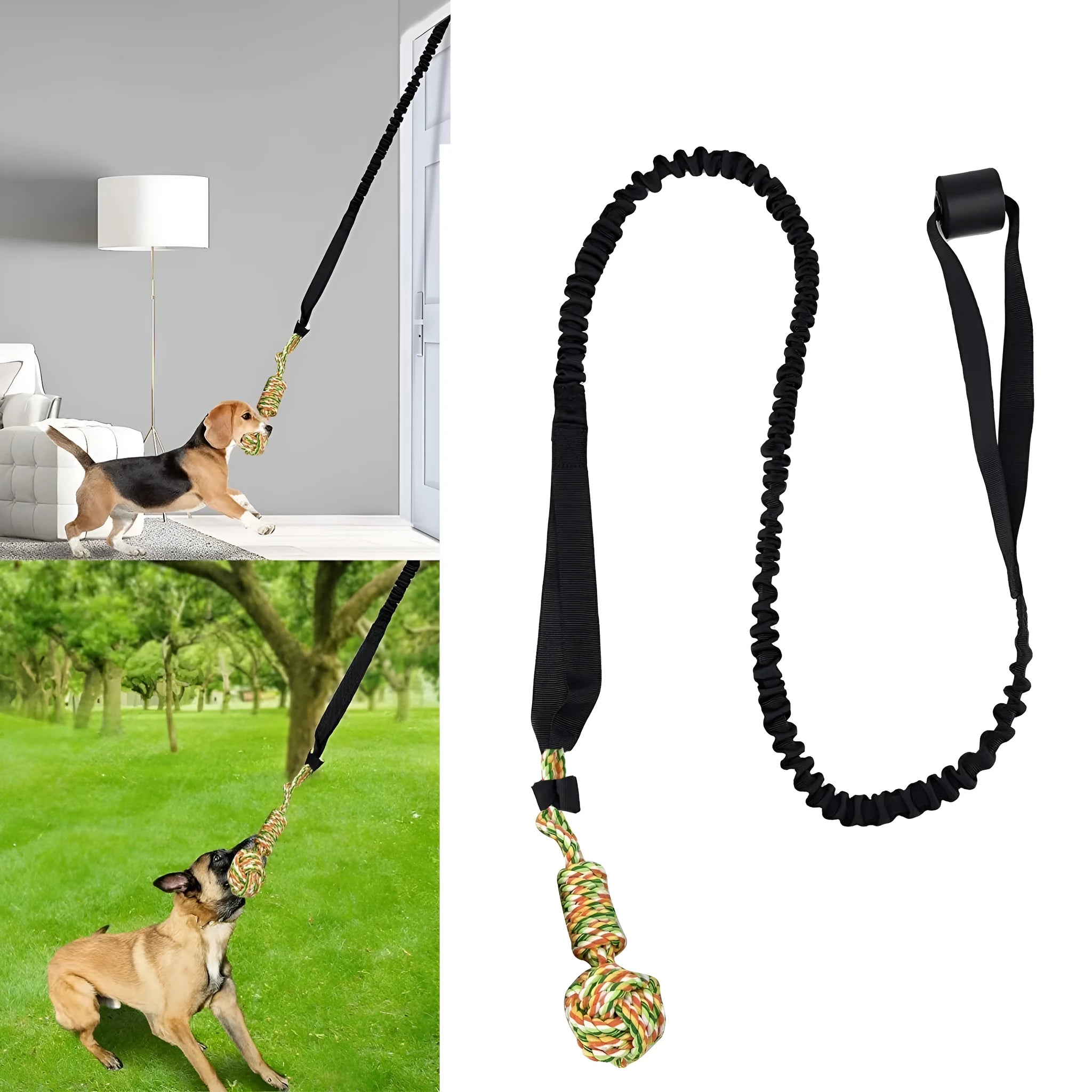 A woven cotton thread dog tug-of-war rope toy shown in black, grey and red colour options.
