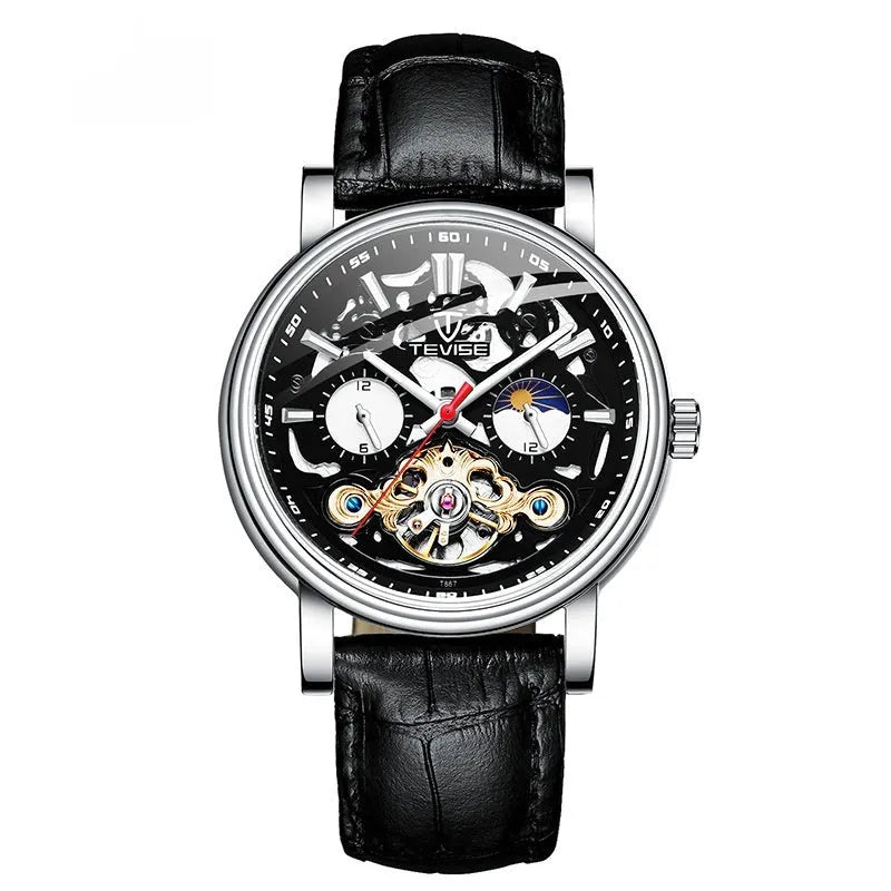 Men's tourbillon mechanical watch with luminous hands on a steel bracelet, showing a black dial.