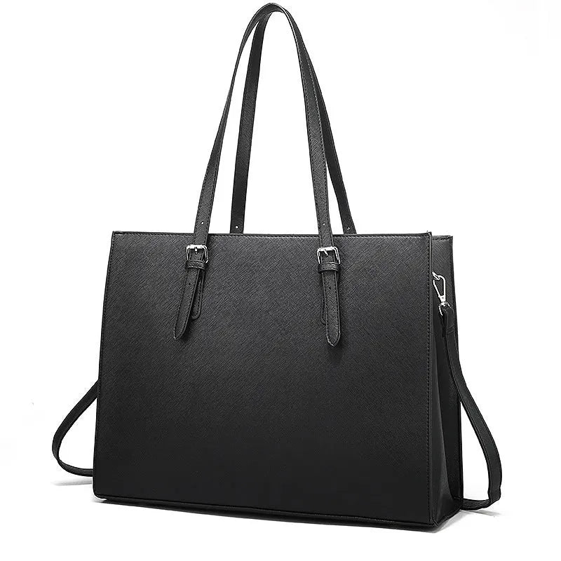 Large black women's business shoulder bag showing triple strap options and internal organisation compartments