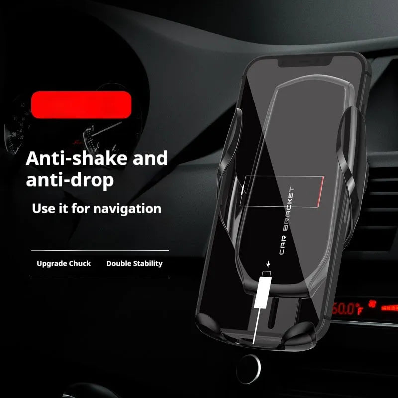Car interior air outlet phone holder with wireless charging and electric clamping in black colour