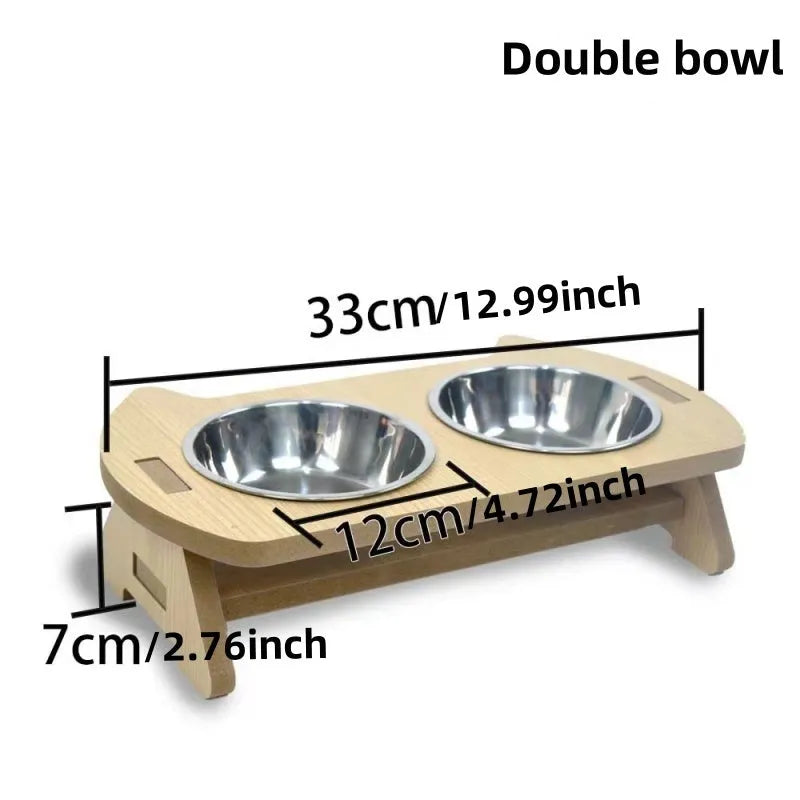 Wooden platform cat feeder holding a stainless steel food bowl and water bowl.