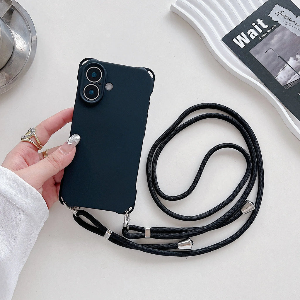 Four-corner cross lanyard liquid silicone iPhone case in black, antique white, pink, Camellia red, cobalt blue, Primrose purple or dark purple