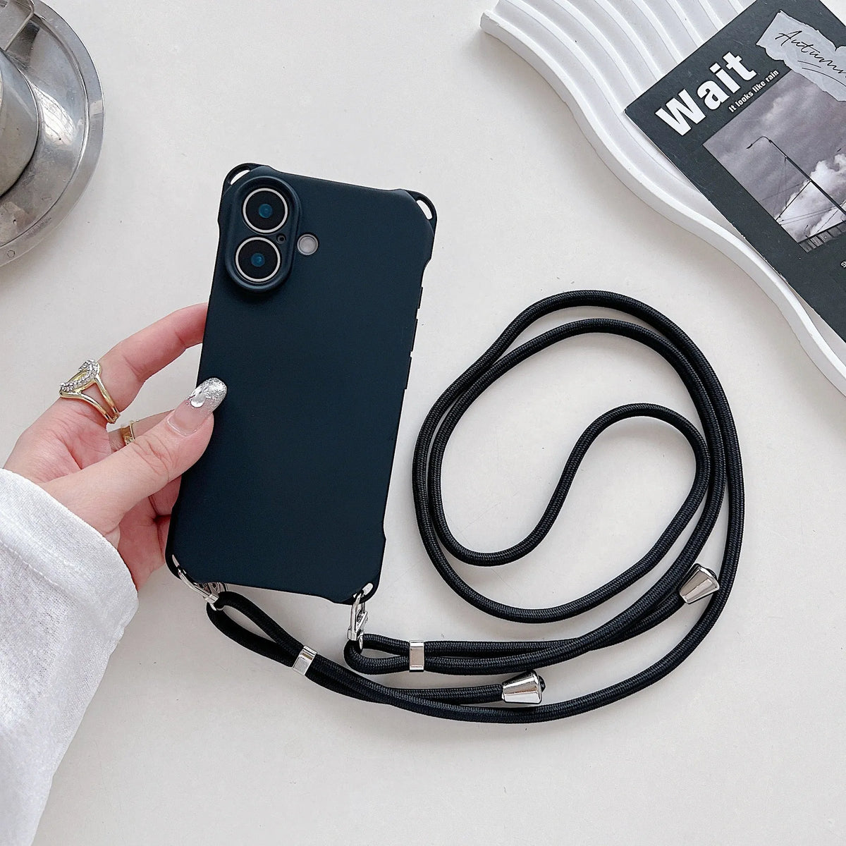 Four-corner cross lanyard liquid silicone iPhone case in black, antique white, pink, Camellia red, cobalt blue, Primrose purple or dark purple