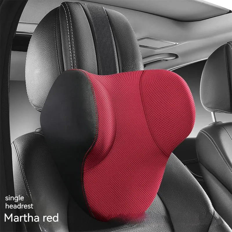 Memory foam and latex car lumbar support pillow and matching headrest with knitted fabric cover.