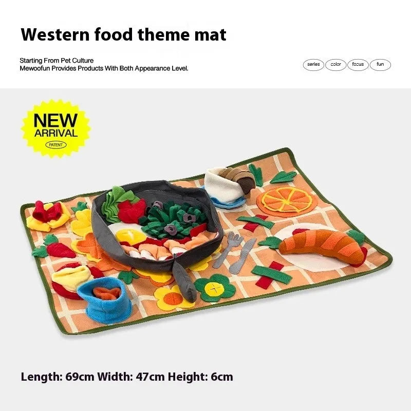 Plastic fabric dog sniffing mat with themed design for treat hiding and canine enrichment