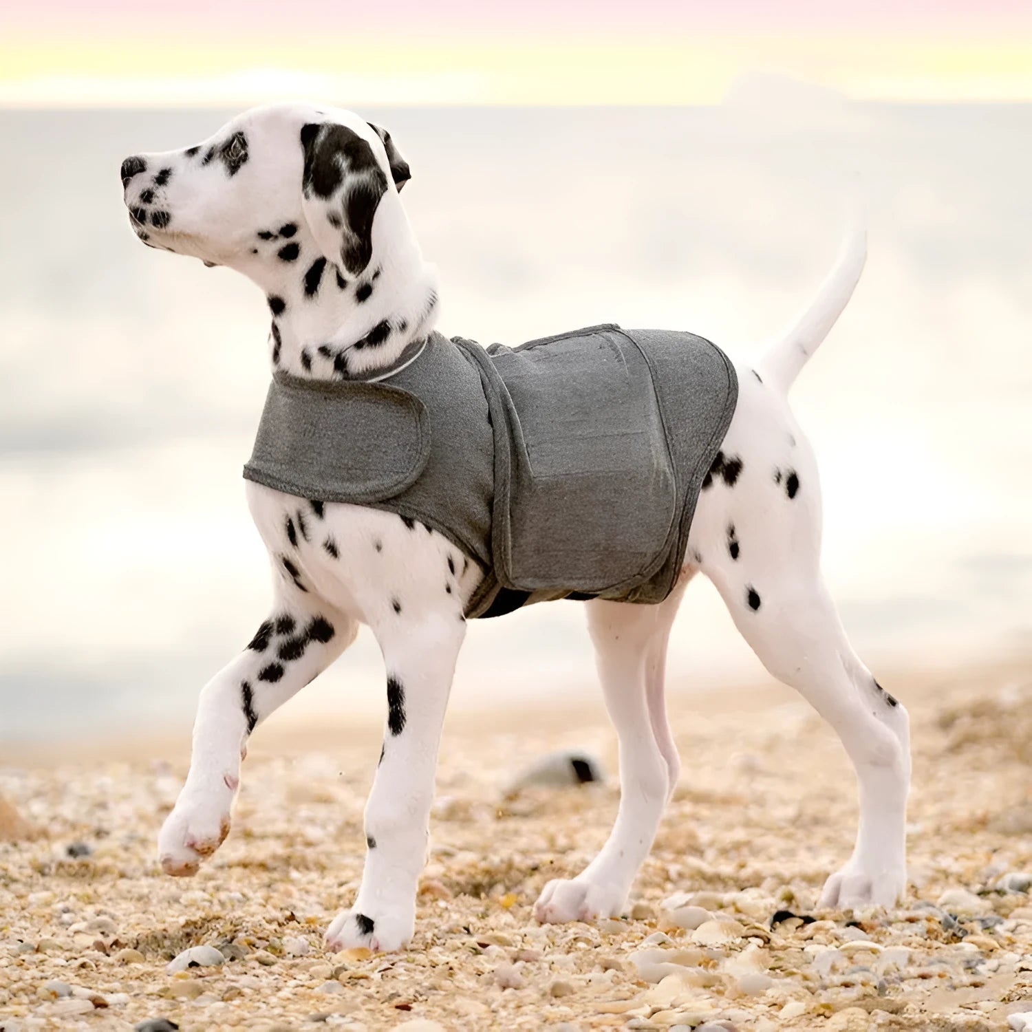 Heather grey dog anxiety vest made from brocade cotton fabric on a dog, showing its snug fit.