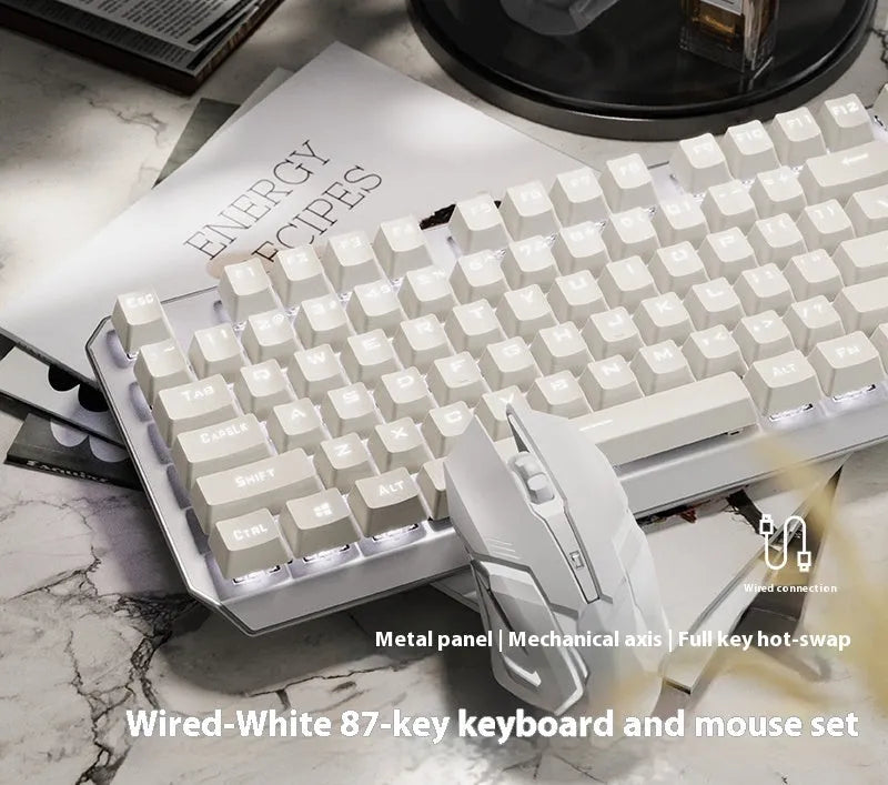87-key wired mechanical keyboard with side-engraved keycaps, silver white finish, compact layout