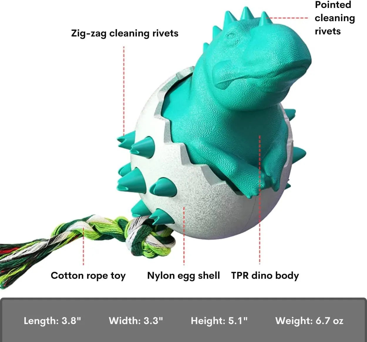 Blue durable rubber dino dog chew toy with attached nylon rope for aggressive chewers.