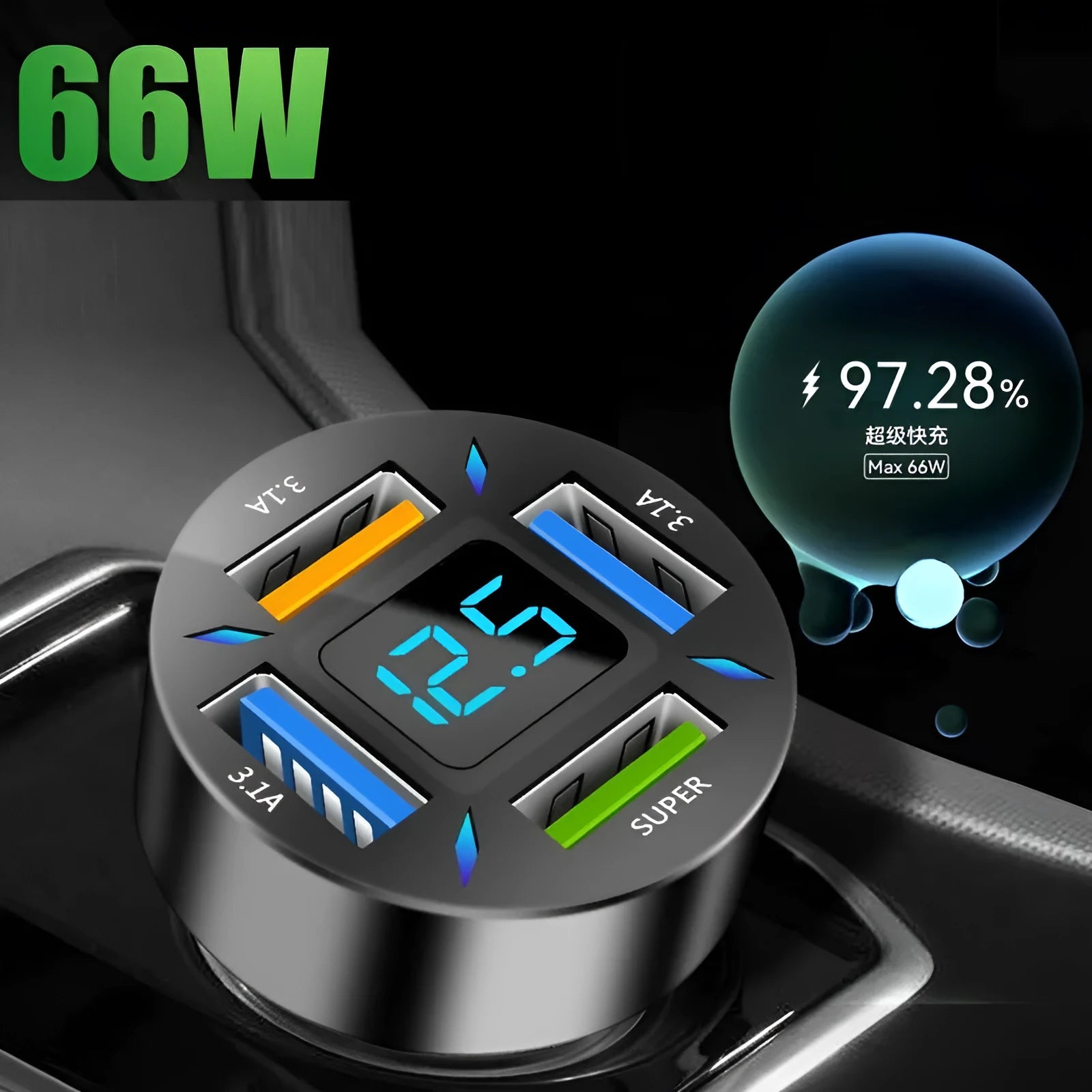 Black four-port USB car charger with LED voltage display plugged into a car socket.
