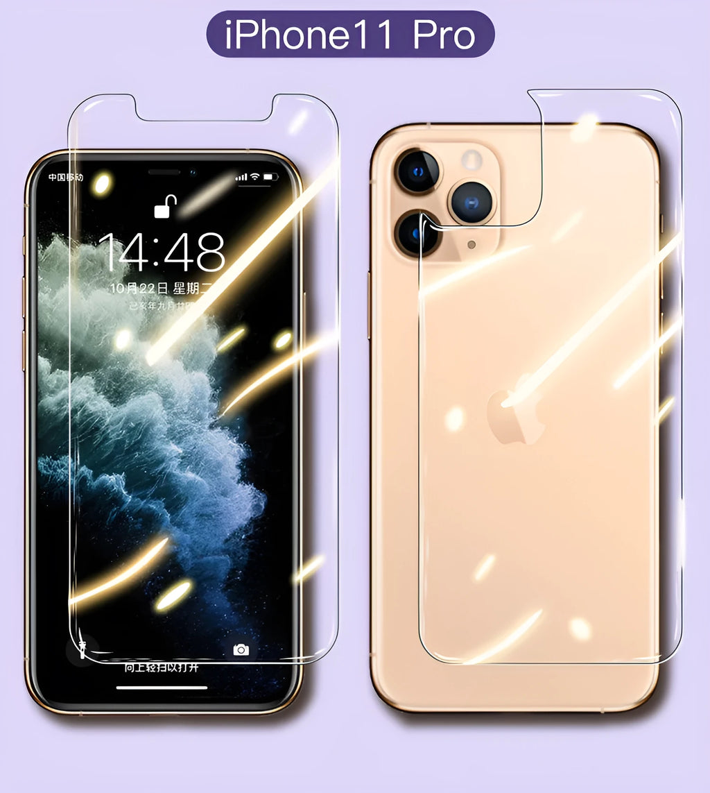 Tempered glass screen and rear protector for Apple iPhone models.