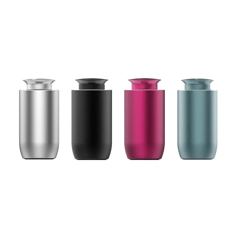 Portable car aroma diffuser in column shape with metal construction and touch button controls