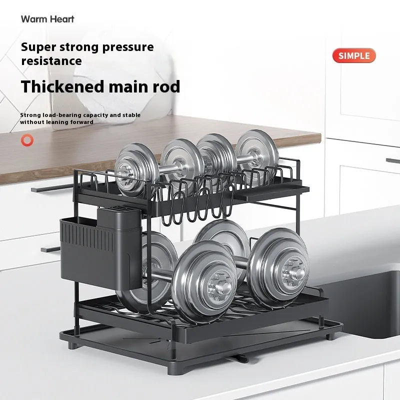 Modern white double-layer kitchen draining and storage rack made from carbon steel.
