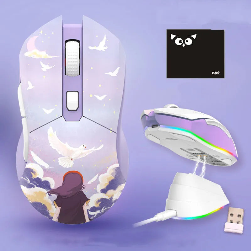 Lightweight wireless and wired game mouse with 7 keys and USB connector, available in multiple colours