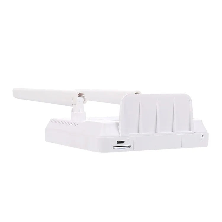 White LTE router with two external antennas, USB cable, and power adapter for home office internet connectivity