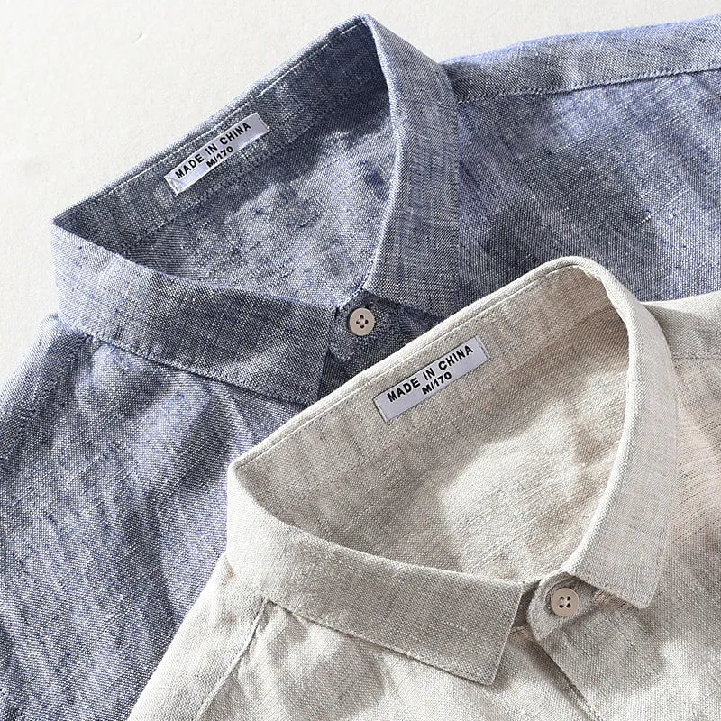 Men's square collar short sleeve linen shirt in raw jute colour, laid flat.