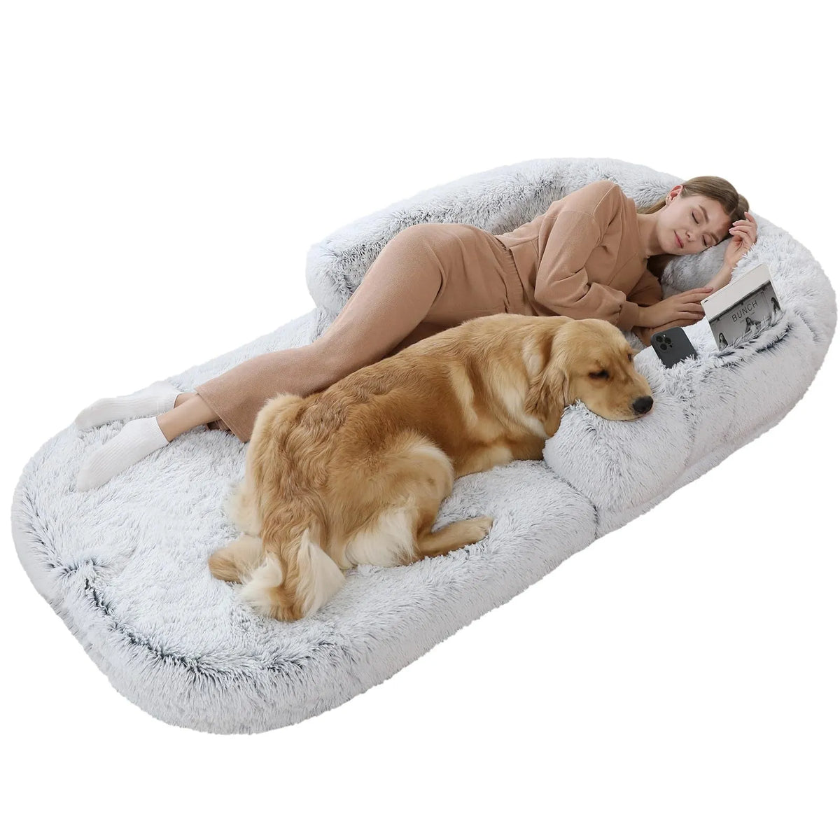 Foldable dog kennel sofa bed in long hair light grey, 180x115x25cm, with removable washable cloth cover