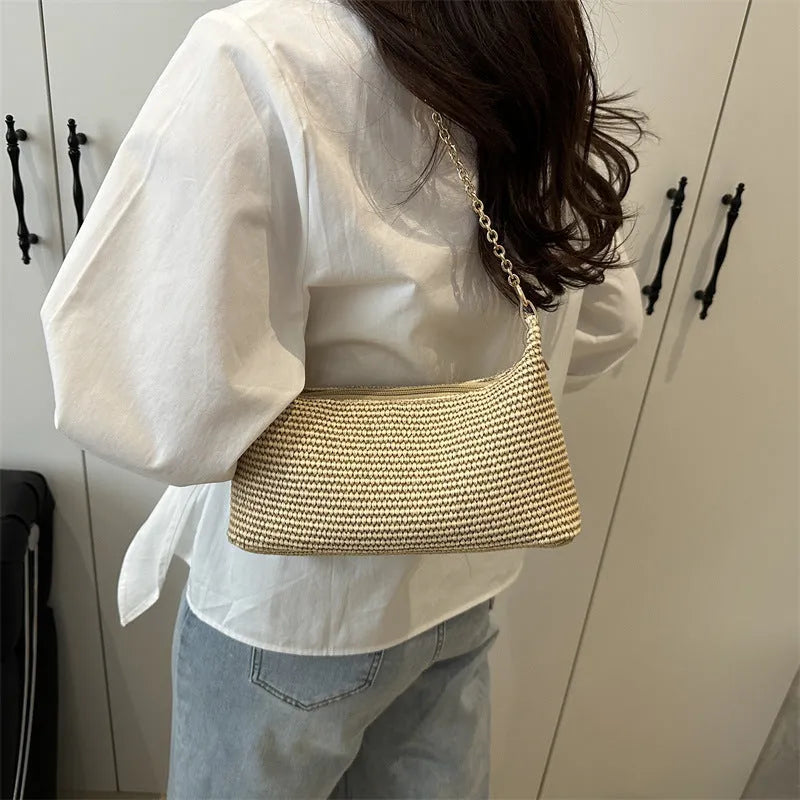 Straw woven shoulder tote bag with mobile phone compartment and sandwich pocket in khaki colour
