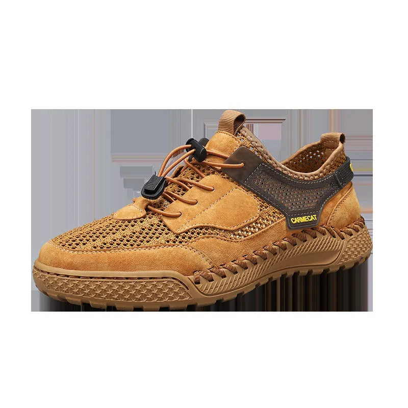 Men's brown suede tennis shoes with elastic band closure and hand-stitched rubber soles