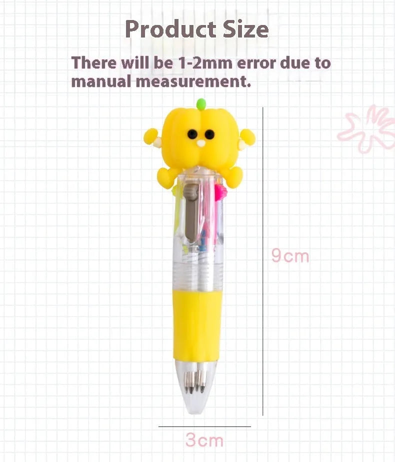 A press-action ballpoint pen with a four-colour cartridge, showing one of five random cartoon designs on the barrel.
