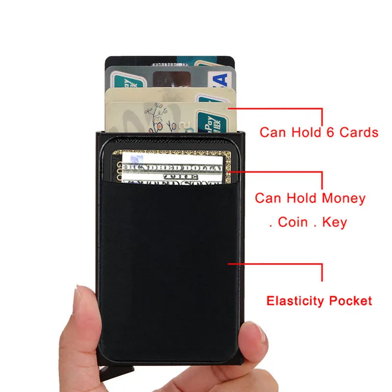 Frosted metal slim credit card wallet in aluminium alloy showing colour options.