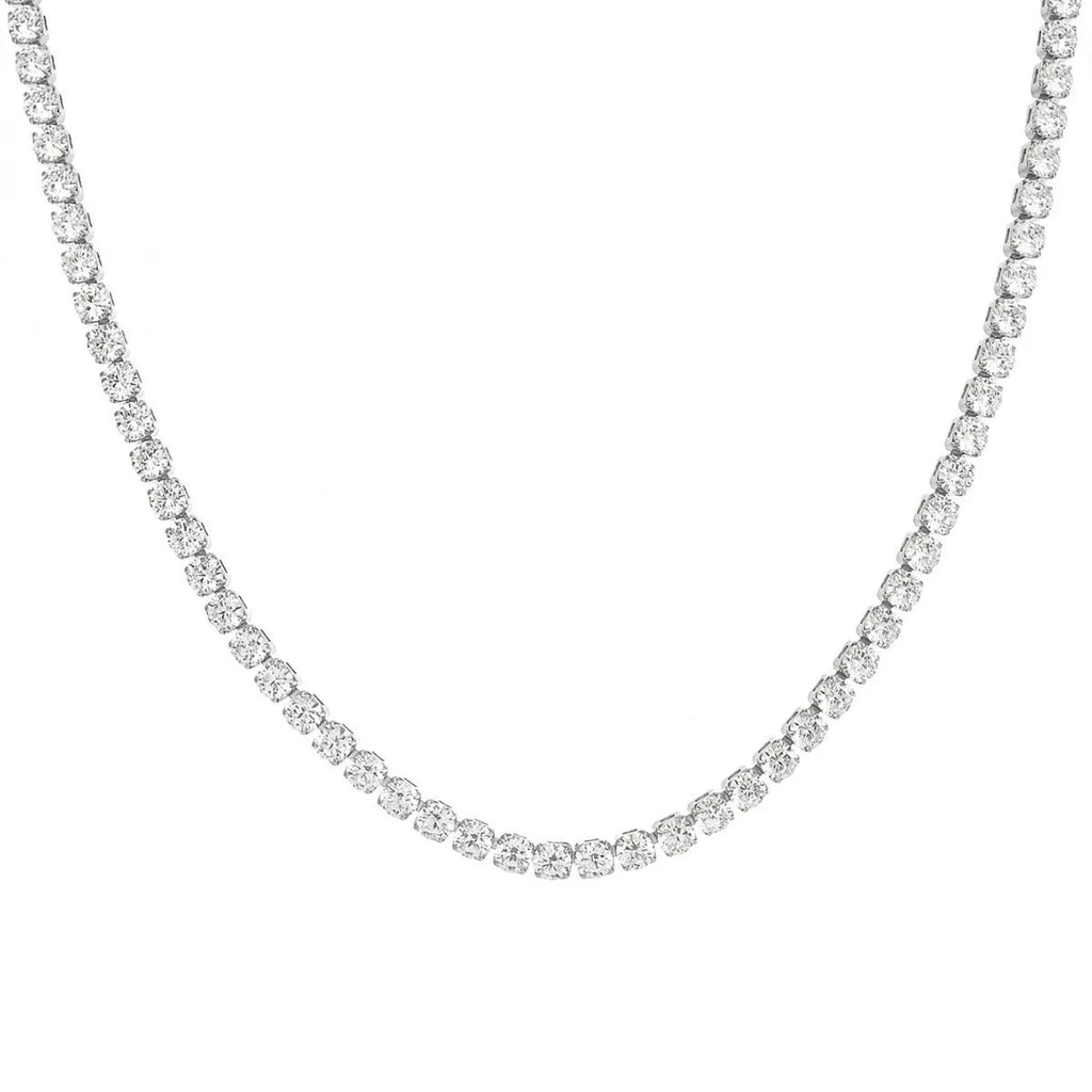 Stainless steel mesh ball chain necklace with inlaid zircon stones on a steel colour geometric chain
