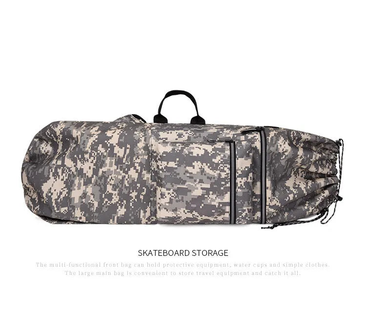Black waterproof skateboard backpack with a longboard strapped to the side, showing padded shoulder straps.