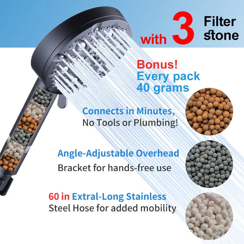 Dark matte hand-held shower head set with bracket and hose, five spray functions, ABS construction