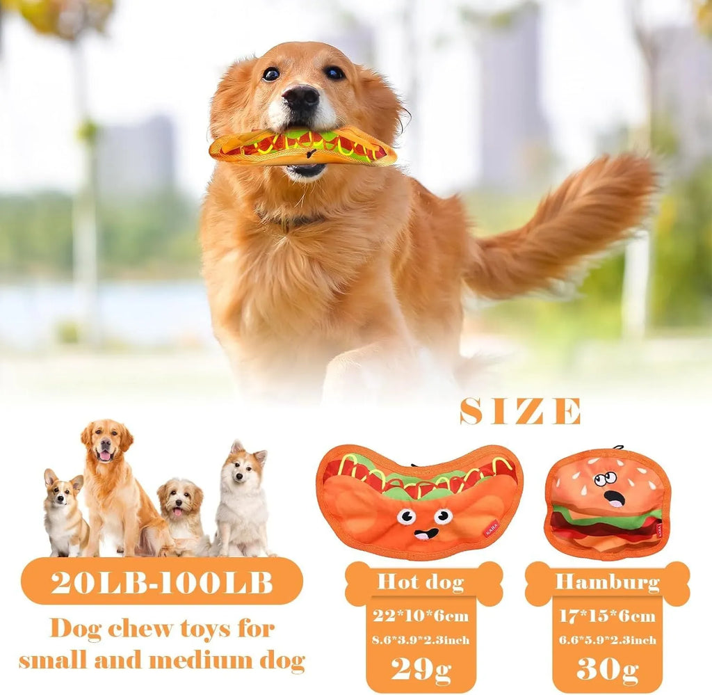 Colourful crinkle and squeak dog toy in a fast-food burger shape on a white background.