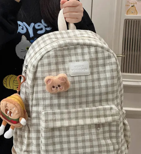 Corduroy checked backpack in khaki with computer pocket, 42x30x15cm, retro campus style