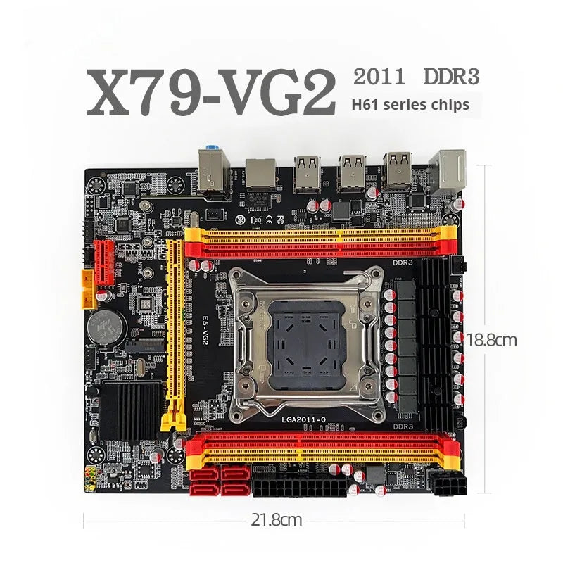 X79-VG2 desktop motherboard with LGA 2011 CPU socket, DDR3 slots, PCIe 16X, and M.2 connector.