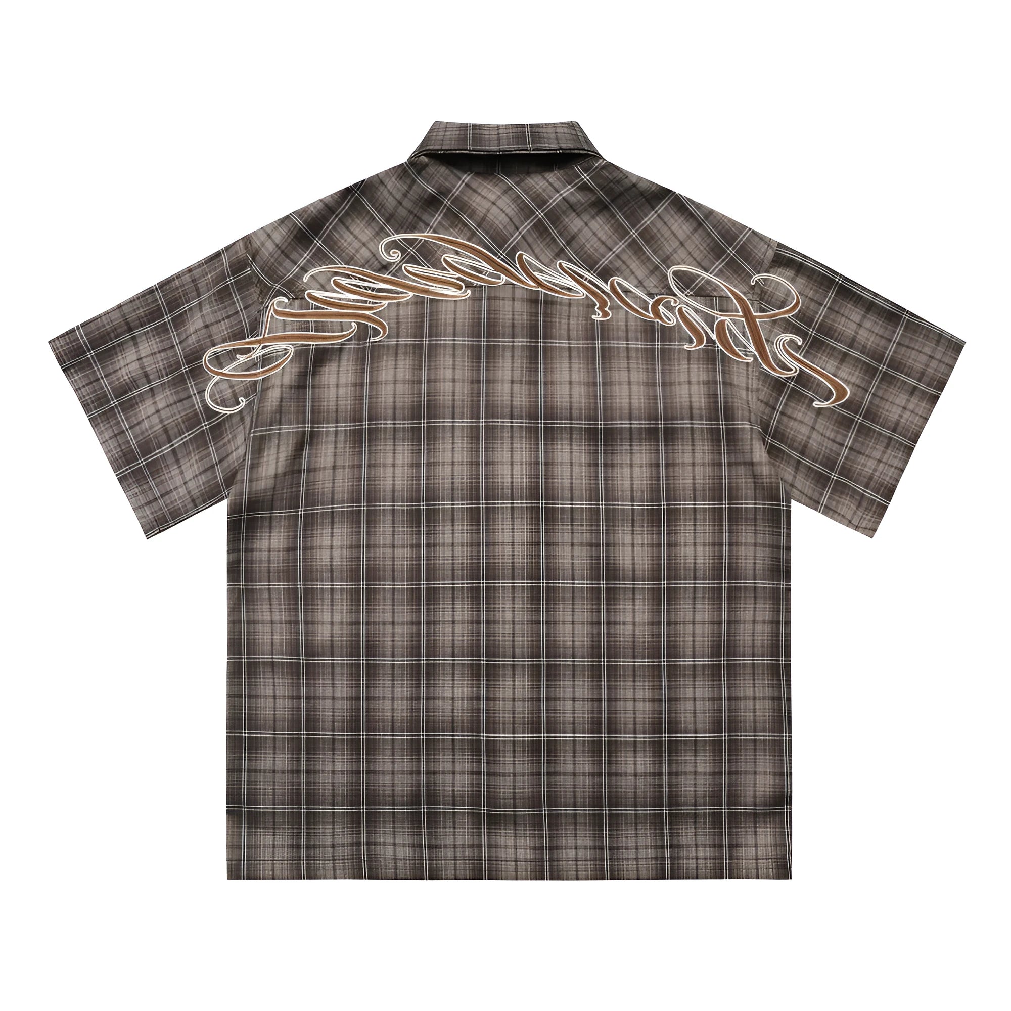 Men's black plaid shirt with embroidered letter on lapel and short sleeves