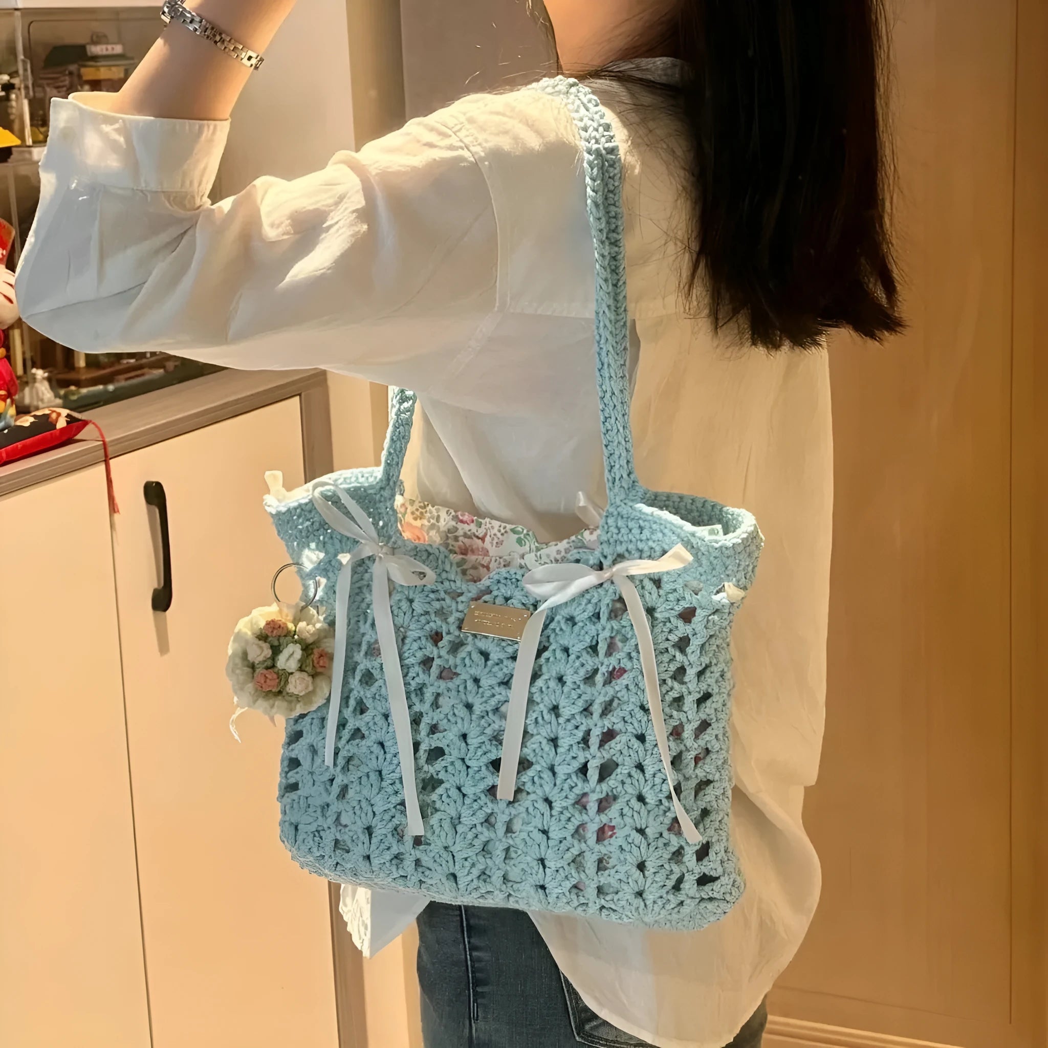 Handwoven natural wool summer bag with floral patterns in six style options
