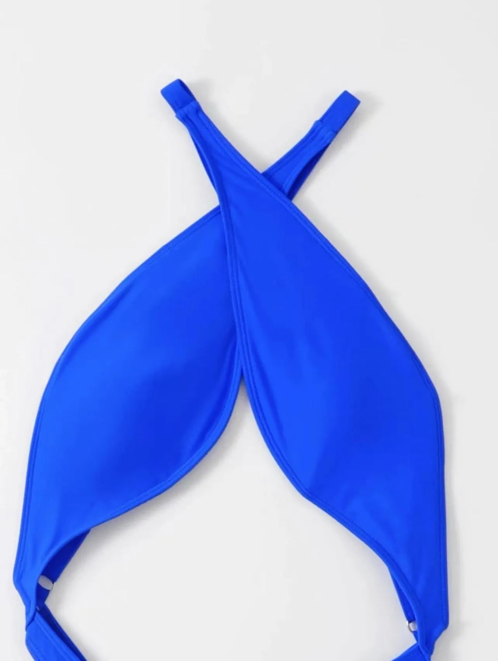 Blue solid colour women's one-piece swimsuit on a mannequin.