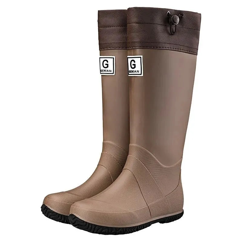 Unisex rain boots in black brown gray green with plastic upper, flat heel, round toe and leather stitching