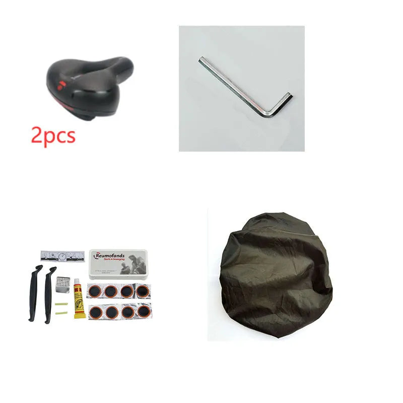 Bicycle saddle cushion with PU leather cover, waterproof protector, wrench, and tyre patch box.
