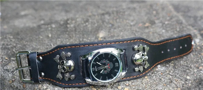 Men's black skull square watch with 10mm thickness on a grey background