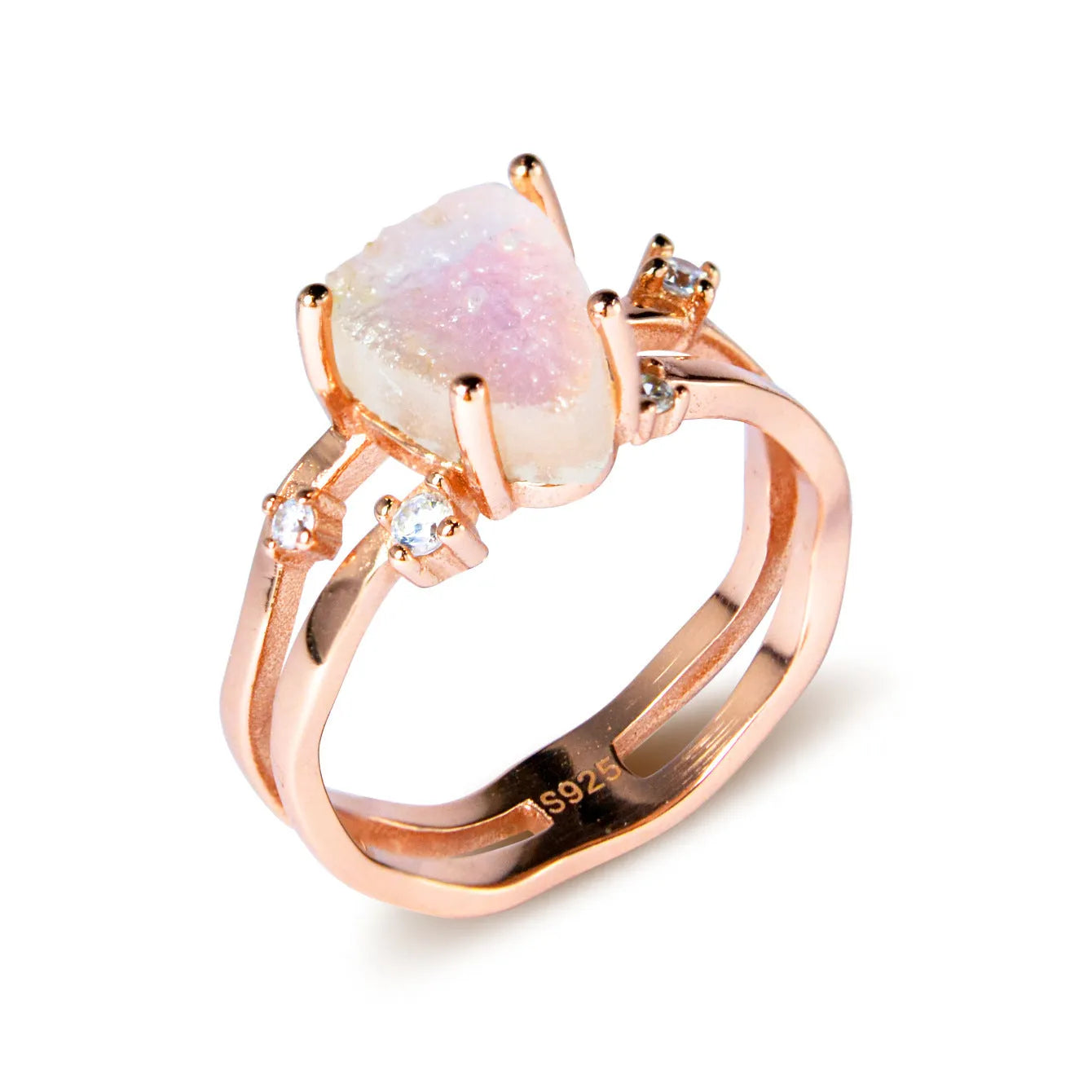 S925 silver ring with an irregular triangle-shaped moonstone in a geometric setting, shown in rose gold, white gold, and yellow gold finishes.