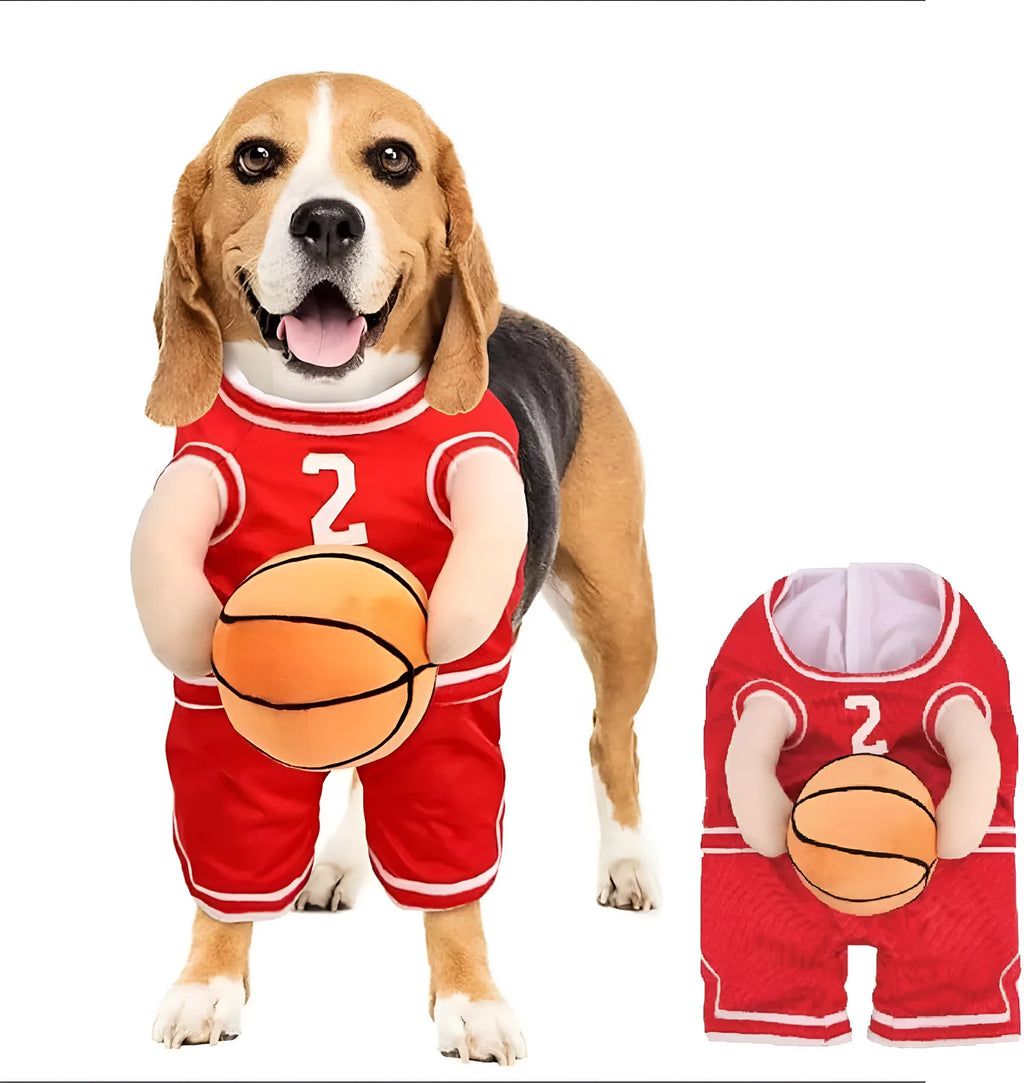 Dog basketball player costume in red or yellow with padded arms and toy basketball, S M L sizes