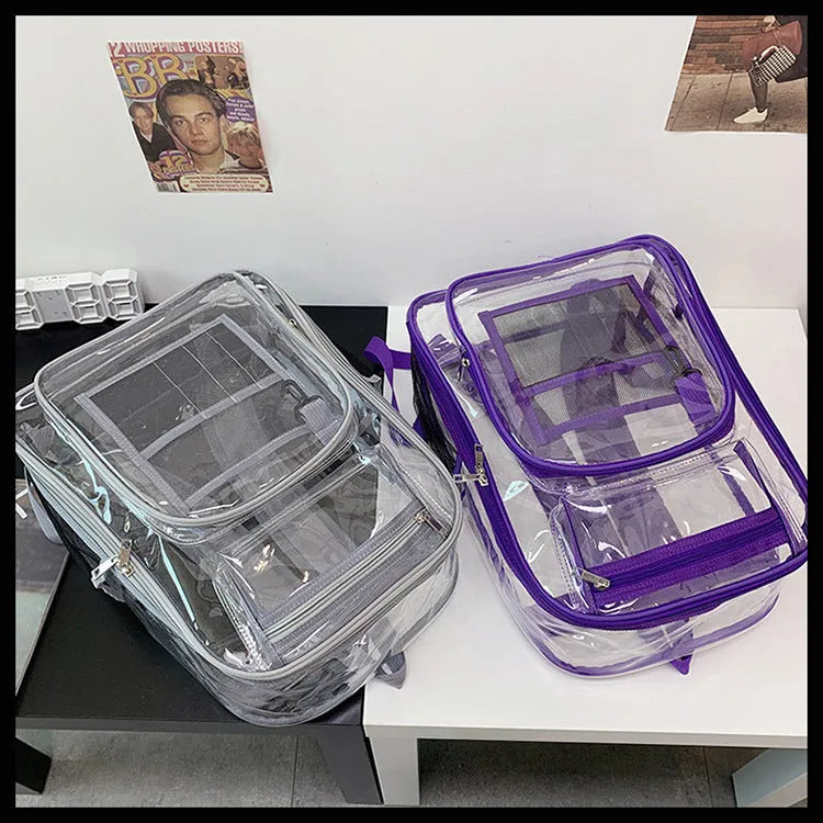 Clear transparent PVC waterproof backpack with a red inner voile bag visible inside.