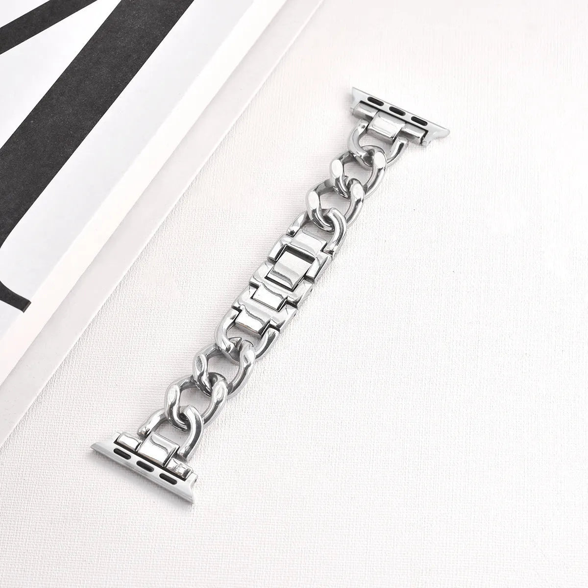 Denim chain metal watch strap for Apple Watch in silver, black, gold, rose gold, or Starlight colour.