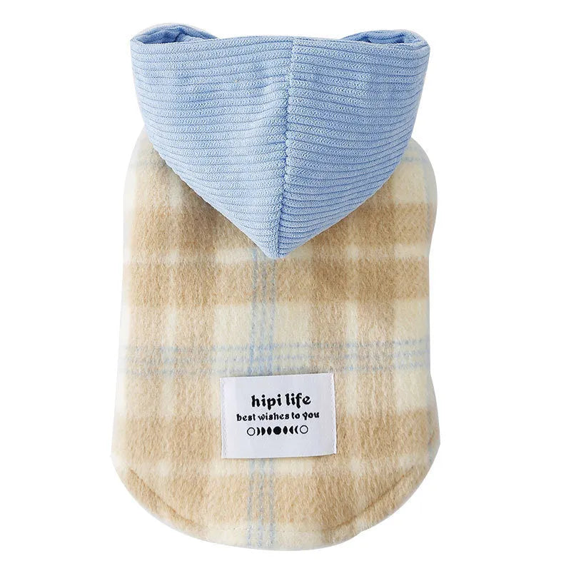 Blue corduroy dog hoodie with black and white chessboard grid pattern and a hood.