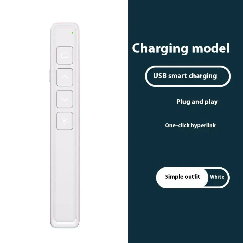 A black and white remote control pen for PowerPoint presentations next to its USB receiver and charging cable.