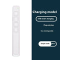 A black and white remote control pen for PowerPoint presentations next to its USB receiver and charging cable.
