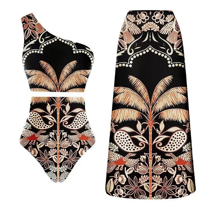 Women's black polyester one-piece swimsuit on hanger with size tag