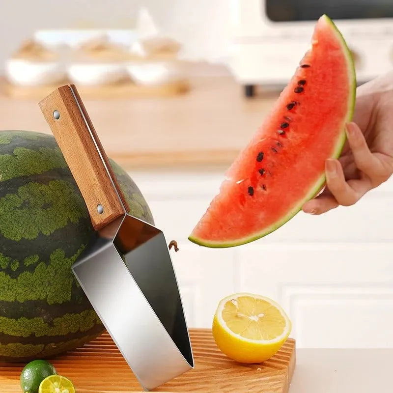 Stainless steel triangle watermelon splitter knife with protective cover.