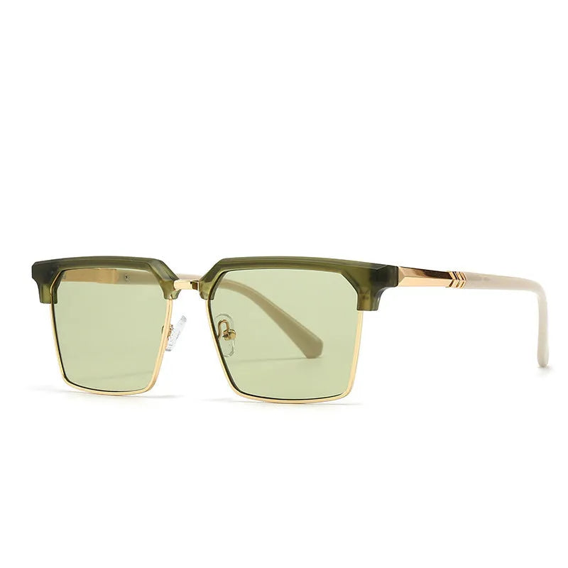 Men's square box-style sunglasses with plastic frames, shown in multiple colour options including black, tea, green, and blue.