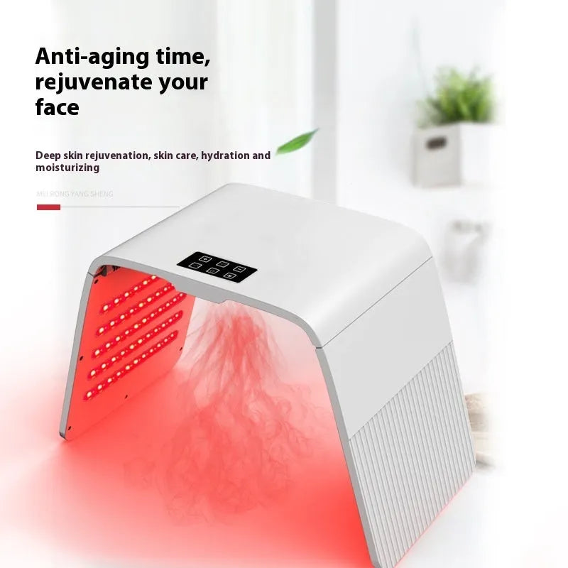 White plastic beauty instrument with red and blue light lamps and cold spray nozzle, 32x9.5x27cm