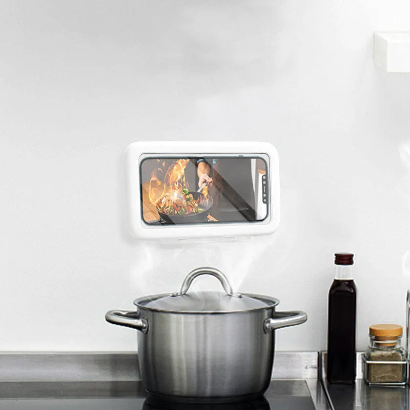 White waterproof phone holder mounted on bathroom tile showing mobile phone visible through clear front