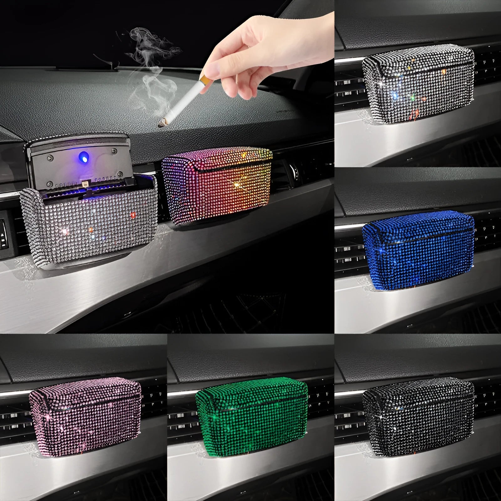 Creative car ashtray with covered design and vent mounting system in diamond finish colours